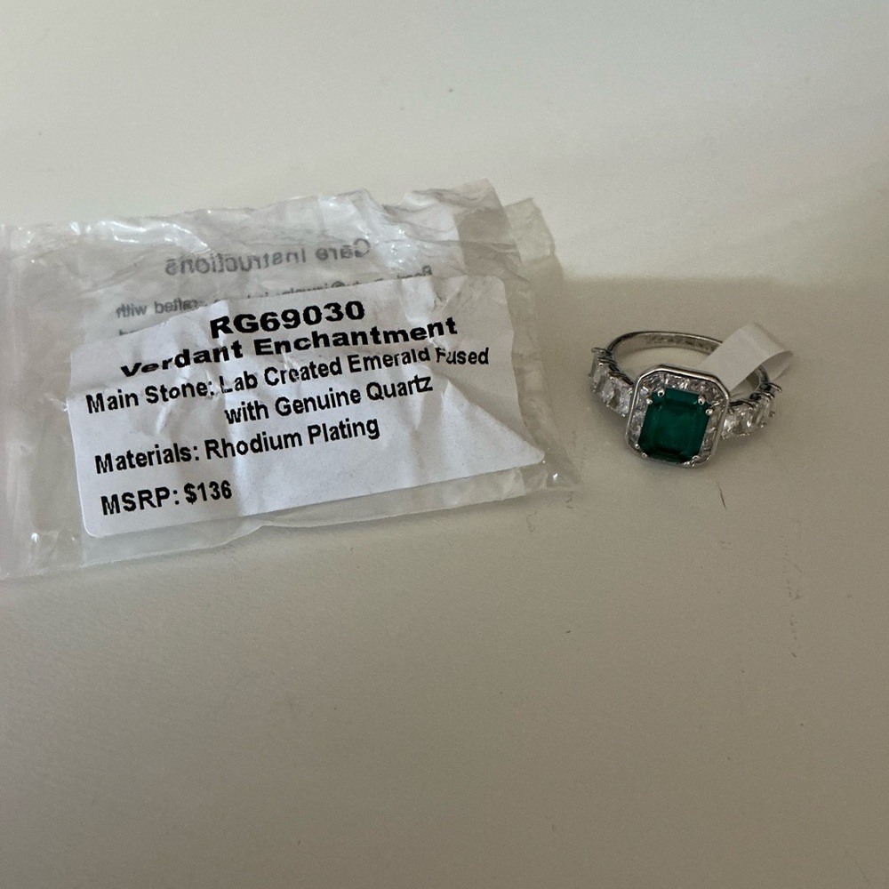 Bomb Party Emerald-Cut and Quartz Stone w Rhodium Plating Ring Size 7